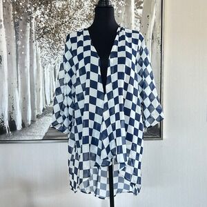 LuLaRoe Womens Lindsay Blue Cream Checkered‎ Lightweight Sheer Kimono - Size M